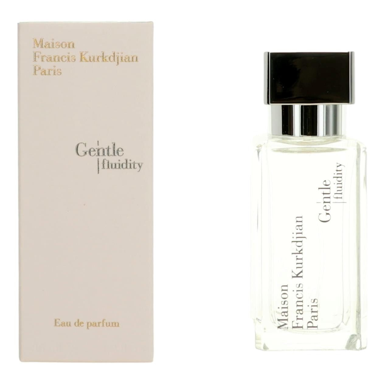 Perfume bottle with black cap and beige box, clear Eau de parfum spray
