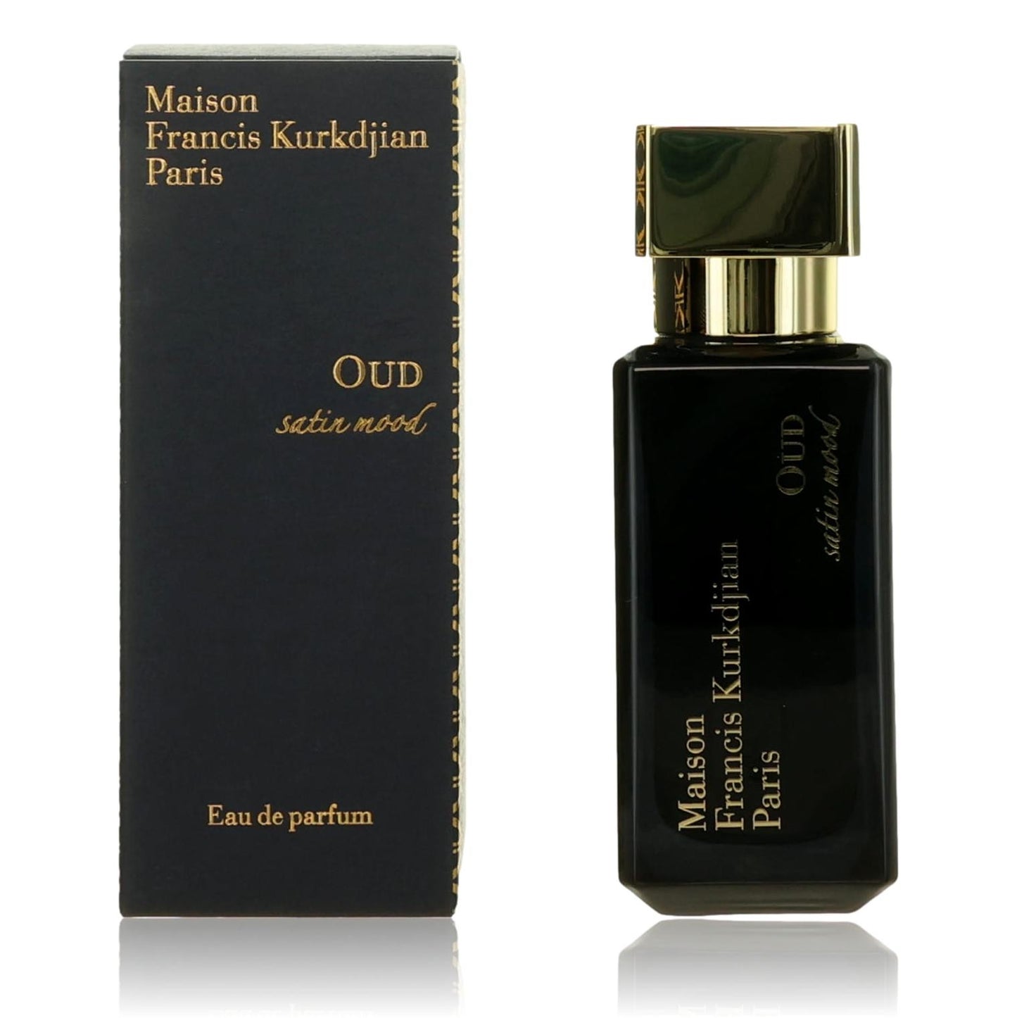 Oud Satin Mood eau de parfum spray bottle with gold cap, in dark Maison Francis Kurkdjian box