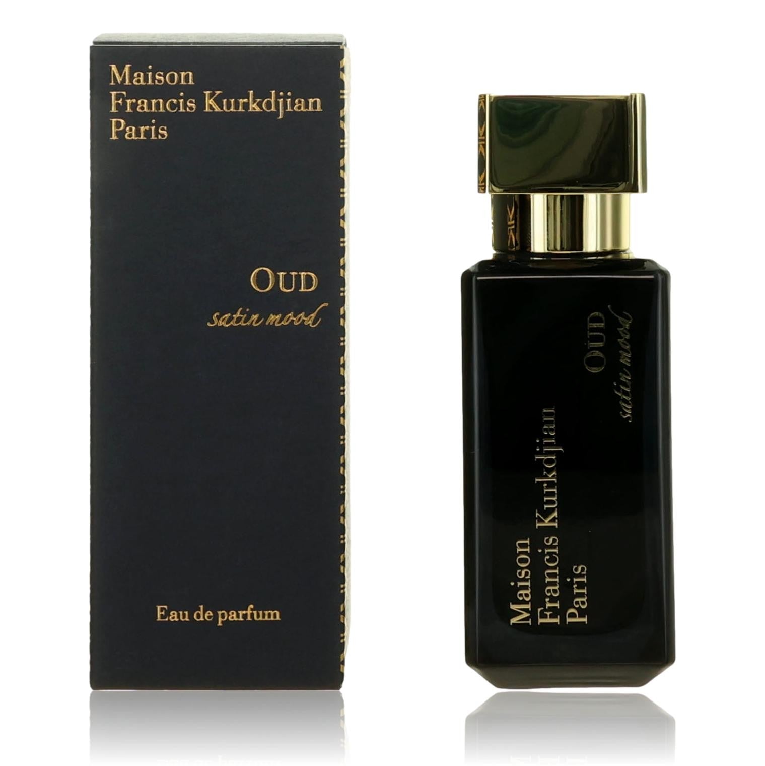 Oud Satin Mood eau de parfum spray bottle with gold cap, in dark Maison Francis Kurkdjian box