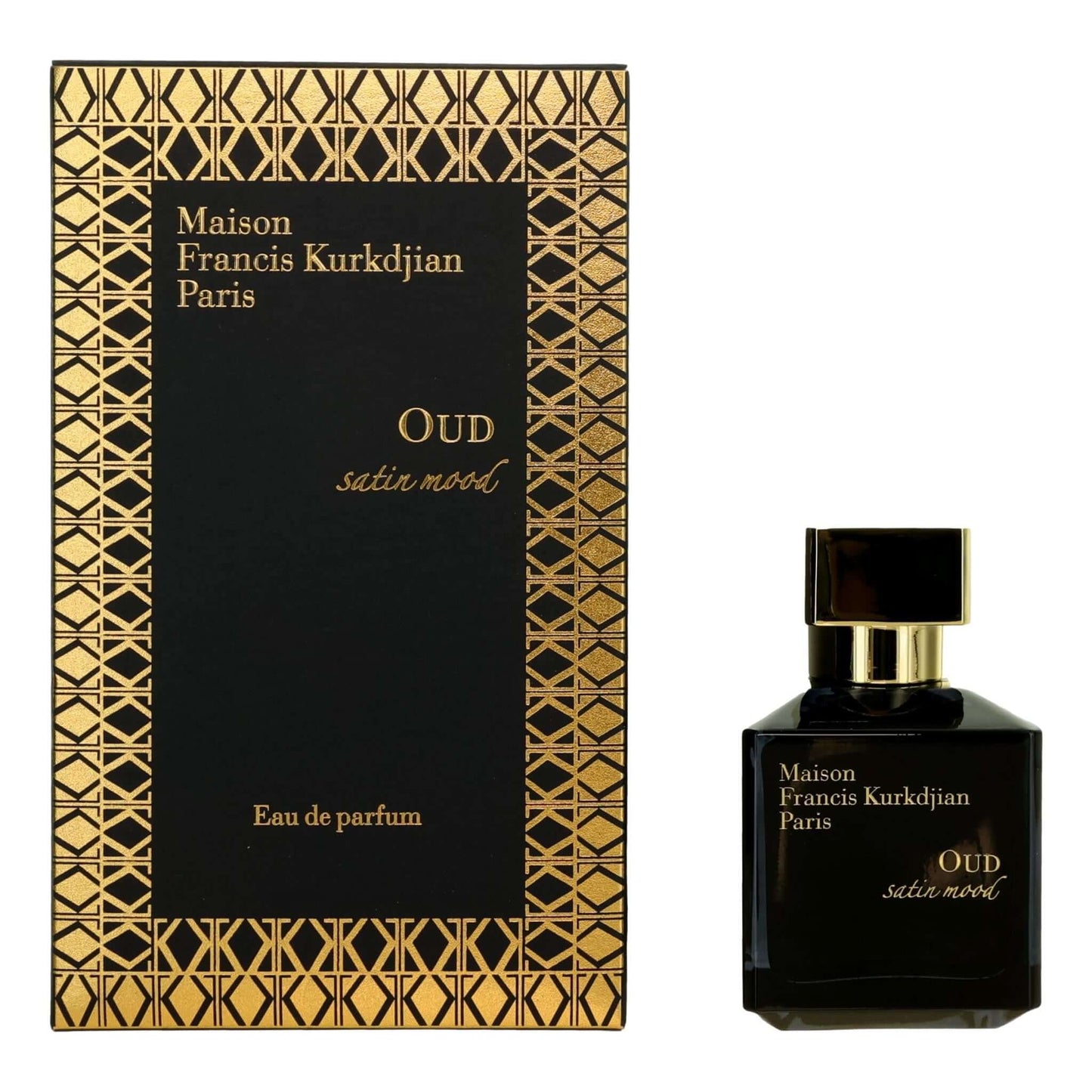 Oud satin mood eau de parfum spray bottle with dark glass and gold cap, in patterned box