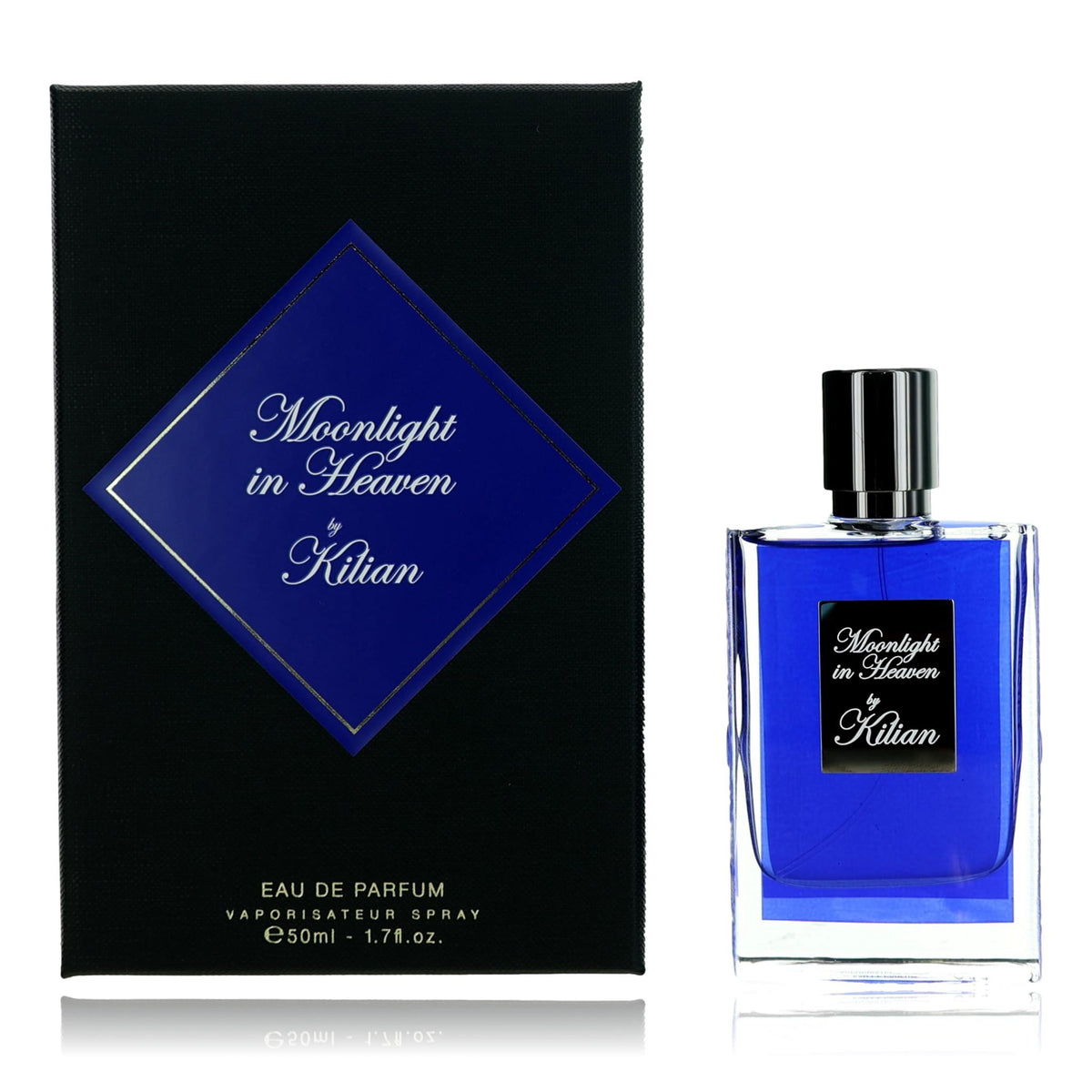 Moonlight in Heaven EDP spray bottle with blue glass and silver cap by Kilian