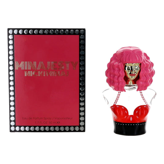 Women’s EDP spray bottle with red cap, pink wavy hair topper, and boxed set