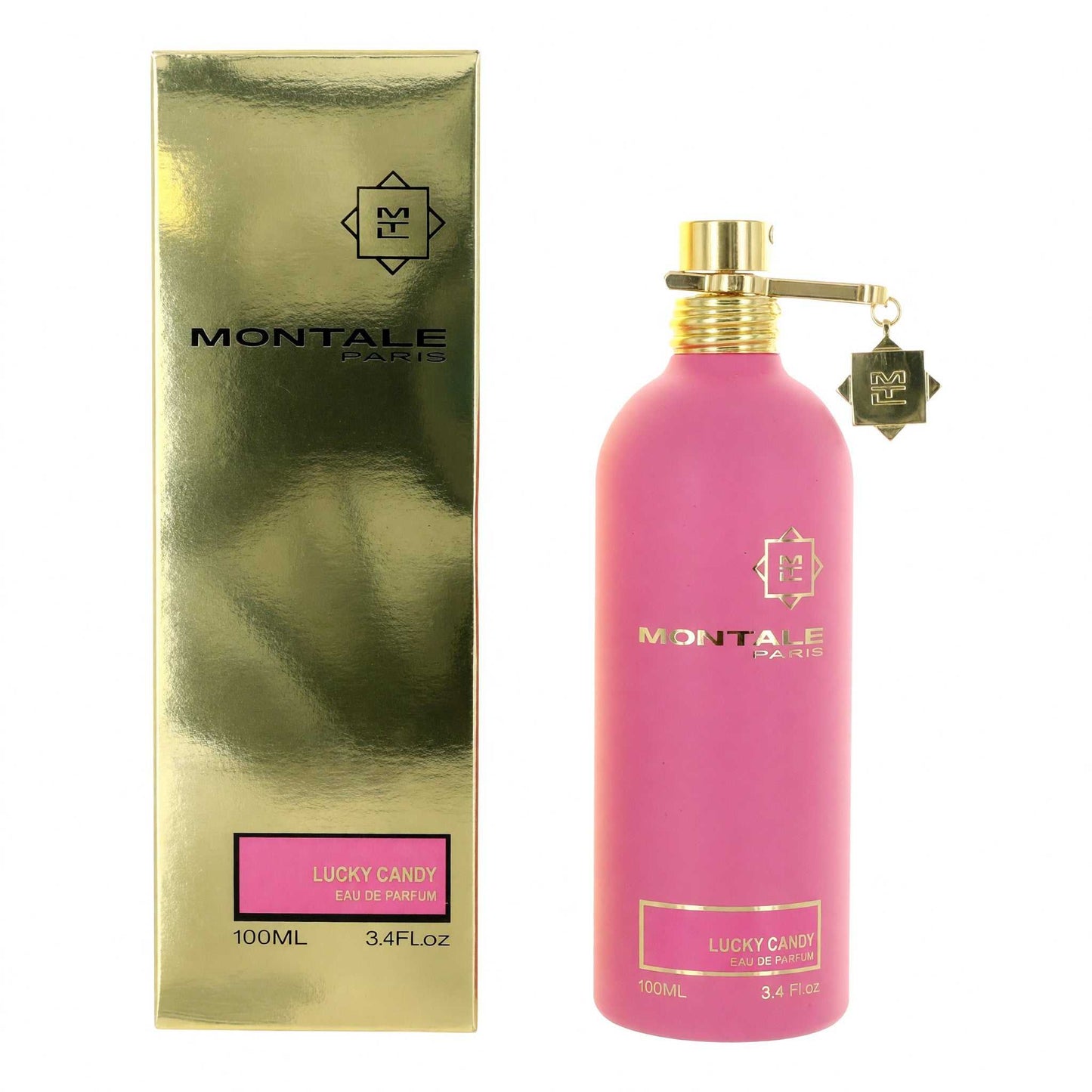 Lucky Candy EDP spray bottle, pink glass with gold cap and atomizer, 3.4 fl oz