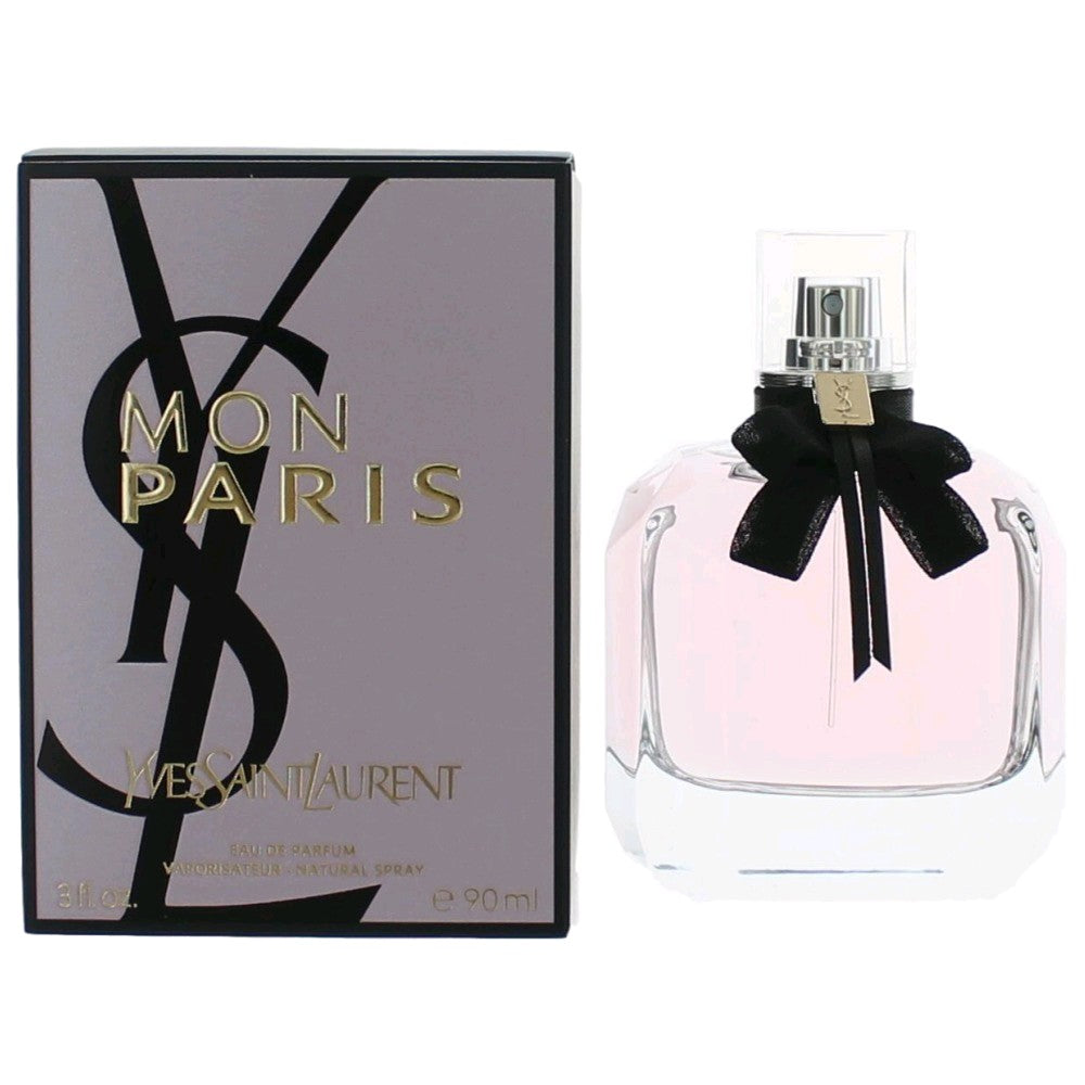Women's EDP spray with pink glass bottle and black bow ribbon, in gift box