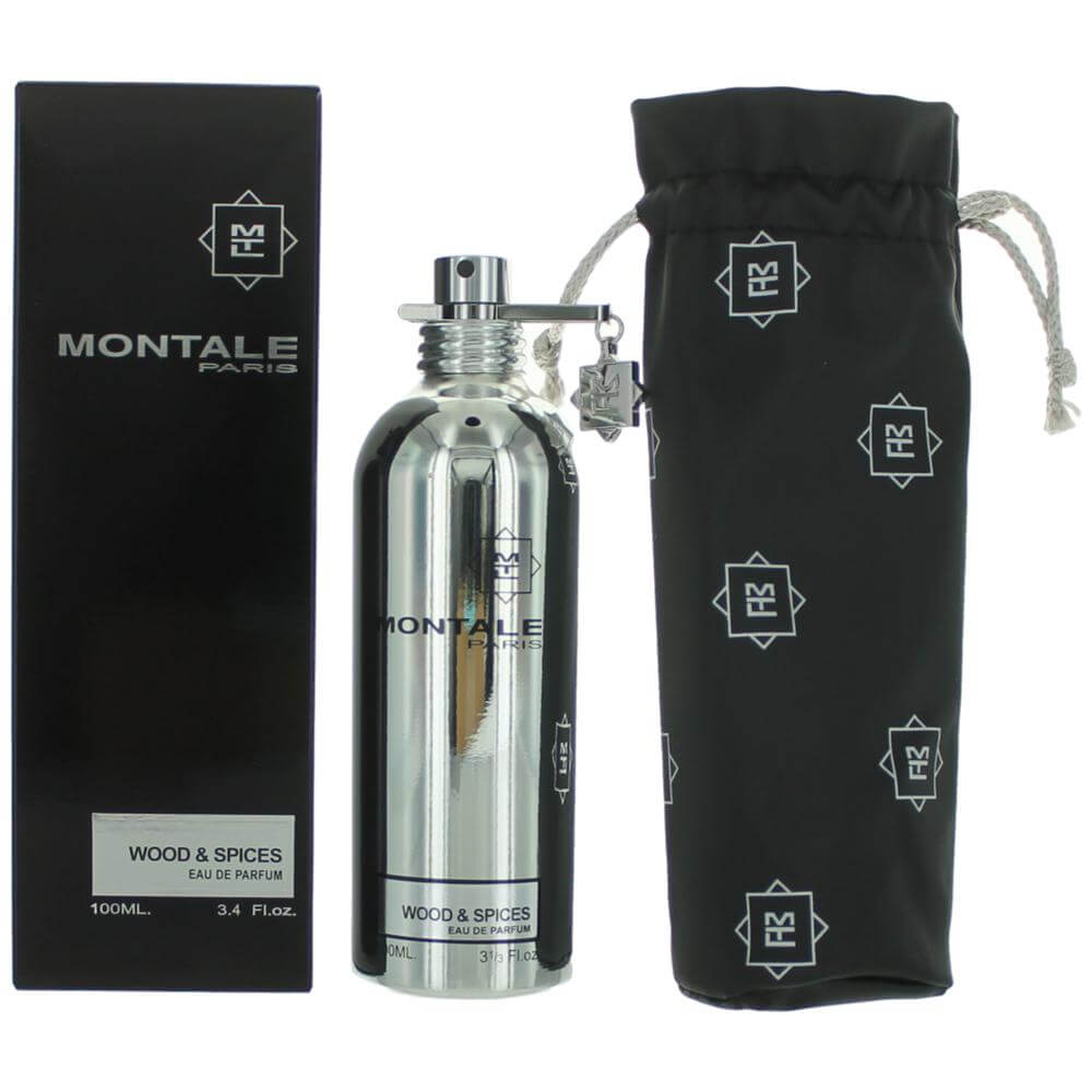 Montale Wood & Spices EDP spray bottle with box and drawstring pouch