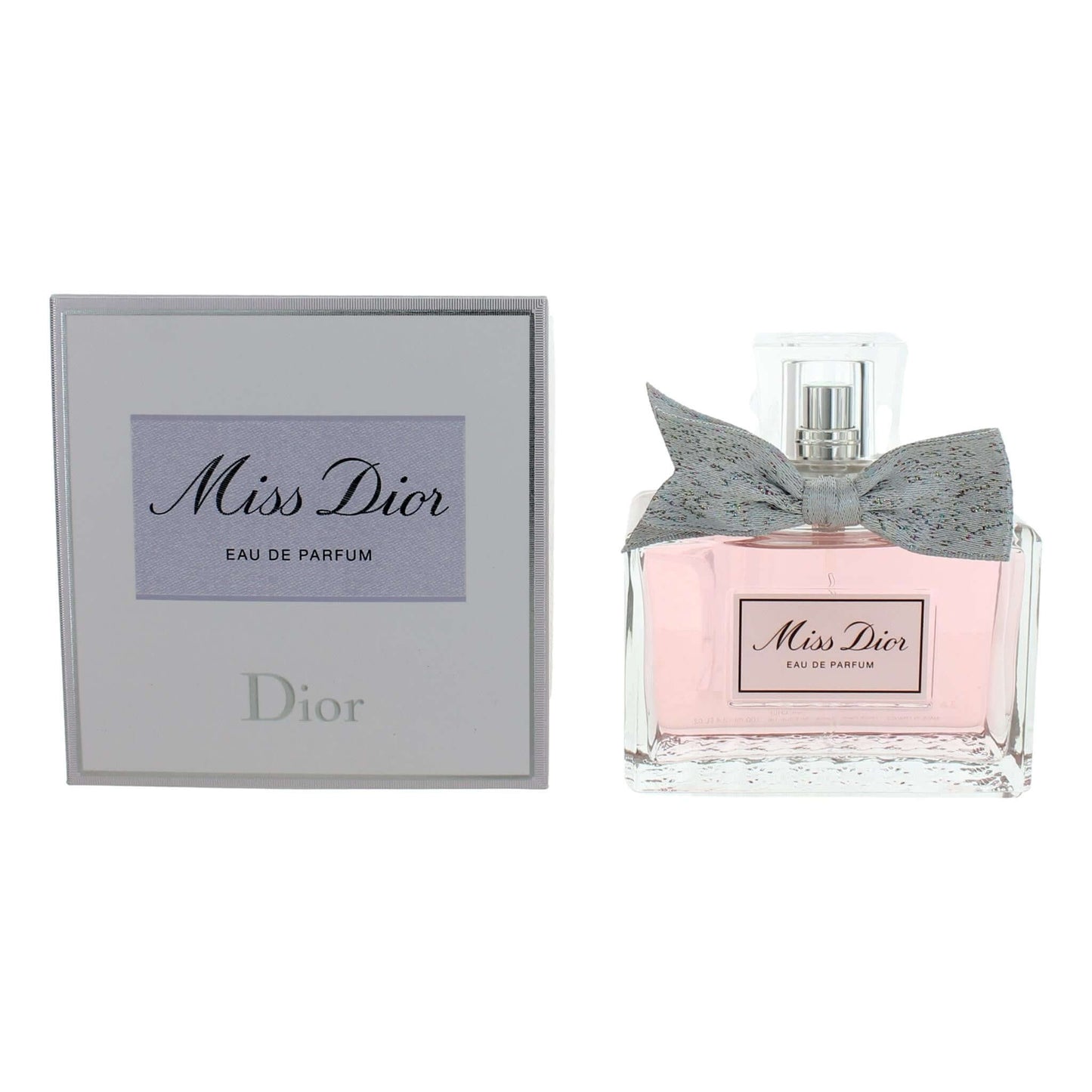 Women’s eau de parfum spray with pink bottle and gray Miss Dior packaging