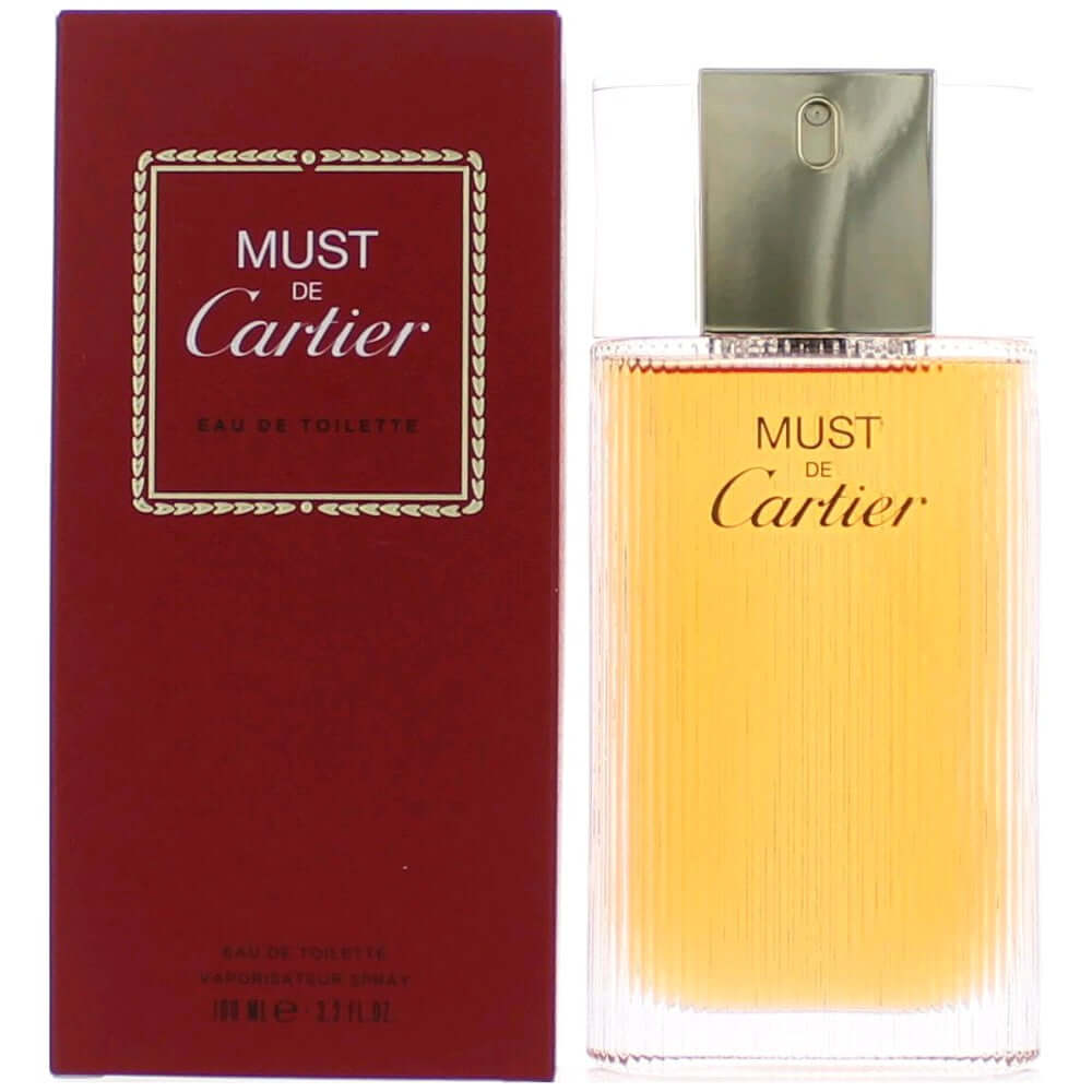 Must de Cartier by Cartier EDT spray bottle with gold liquid, rectangular glass