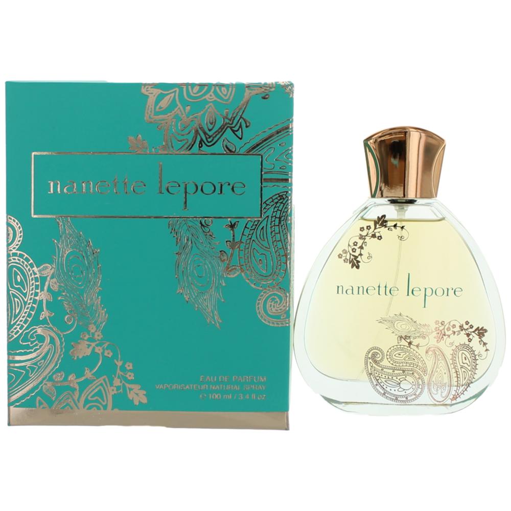 Women’s eau de parfum spray with clear glass bottle and teal decorative box, 3.4 oz