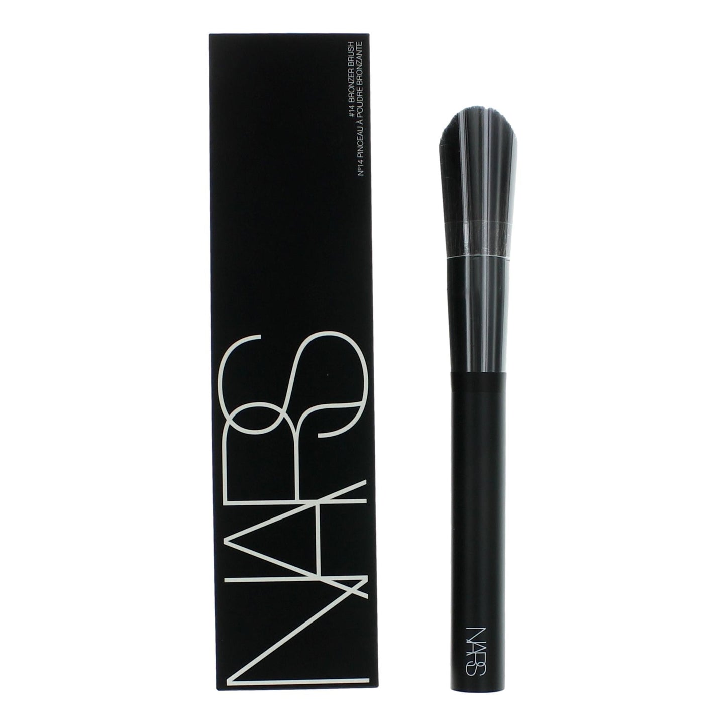 Bronzer brush with black handle and tapered soft bristles, metallic ferrule