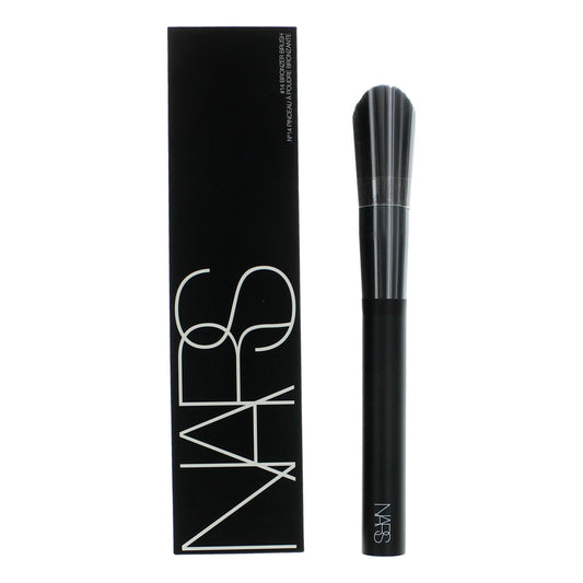 Bronzer brush with black handle and tapered soft bristles, metallic ferrule