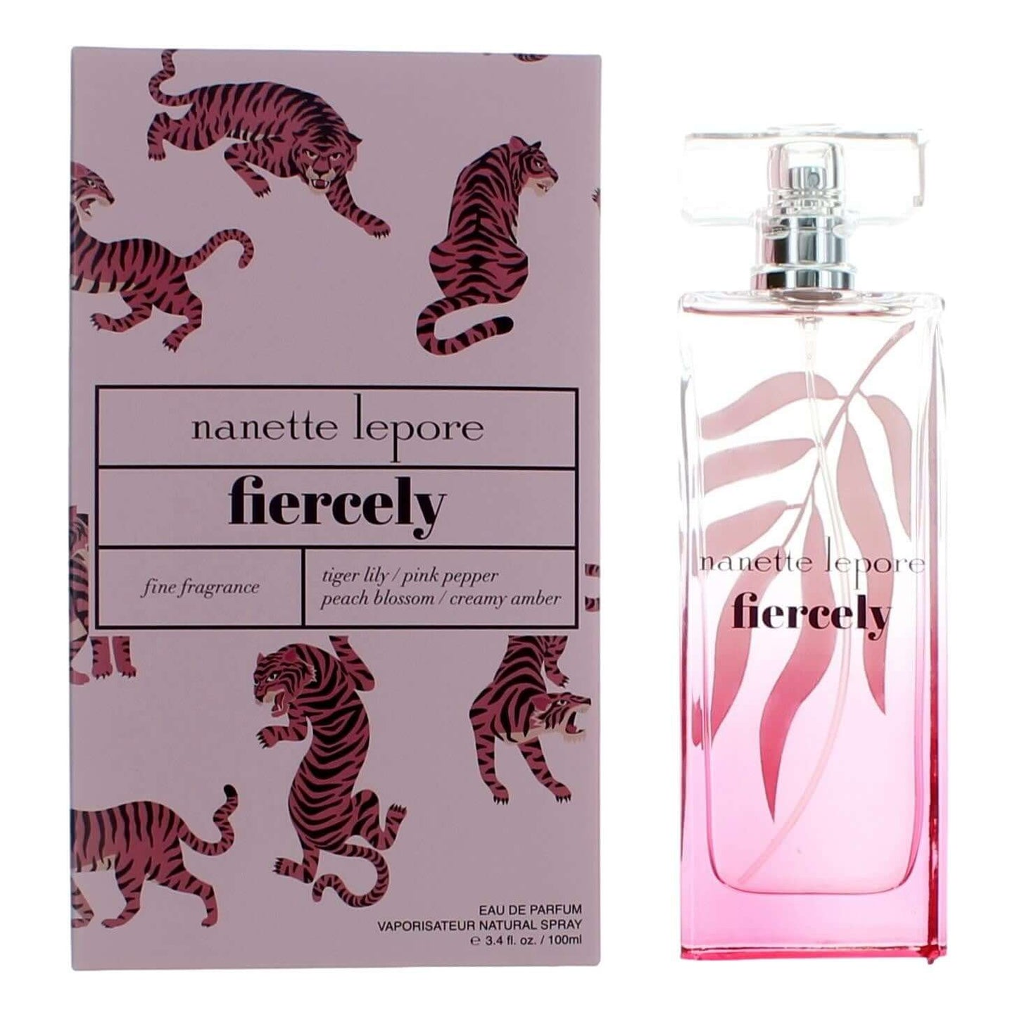 Nanette Lepore Fiercely EDP spray bottle with pink tiger-themed box