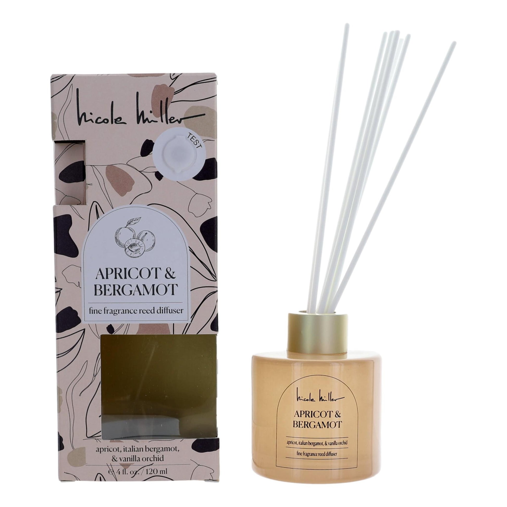 Apricot & Bergamot reed diffuser with glass jar, gold cap, and white reeds