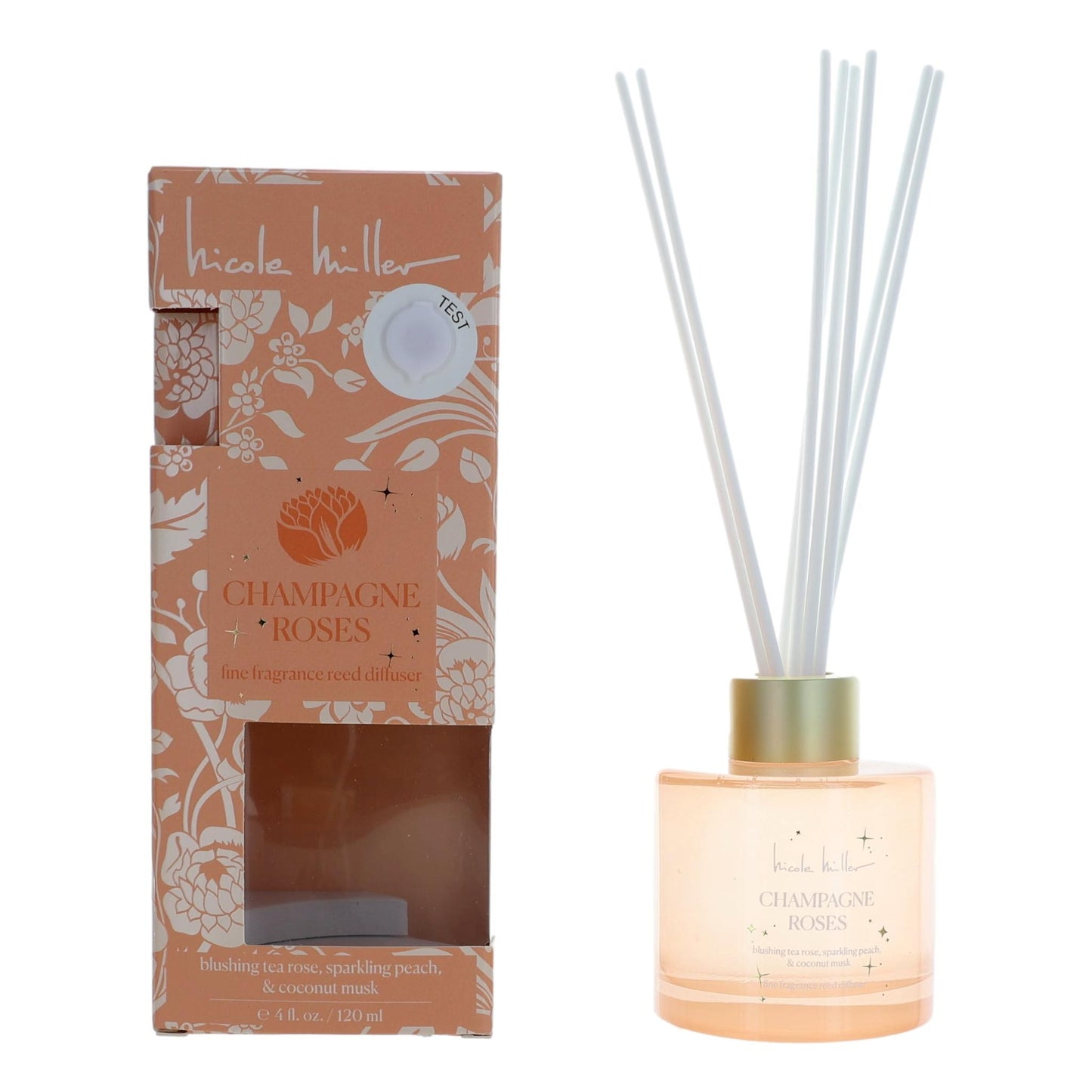 Champagne Rose reed diffuser: pale pink bottle, gold cap, 4 reeds