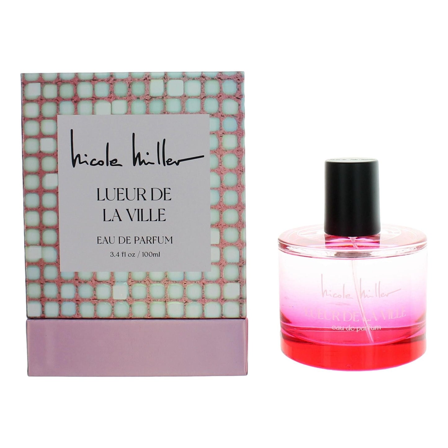 Women’s eau de parfum set: pink spray bottle with black cap and Nicole Miller box