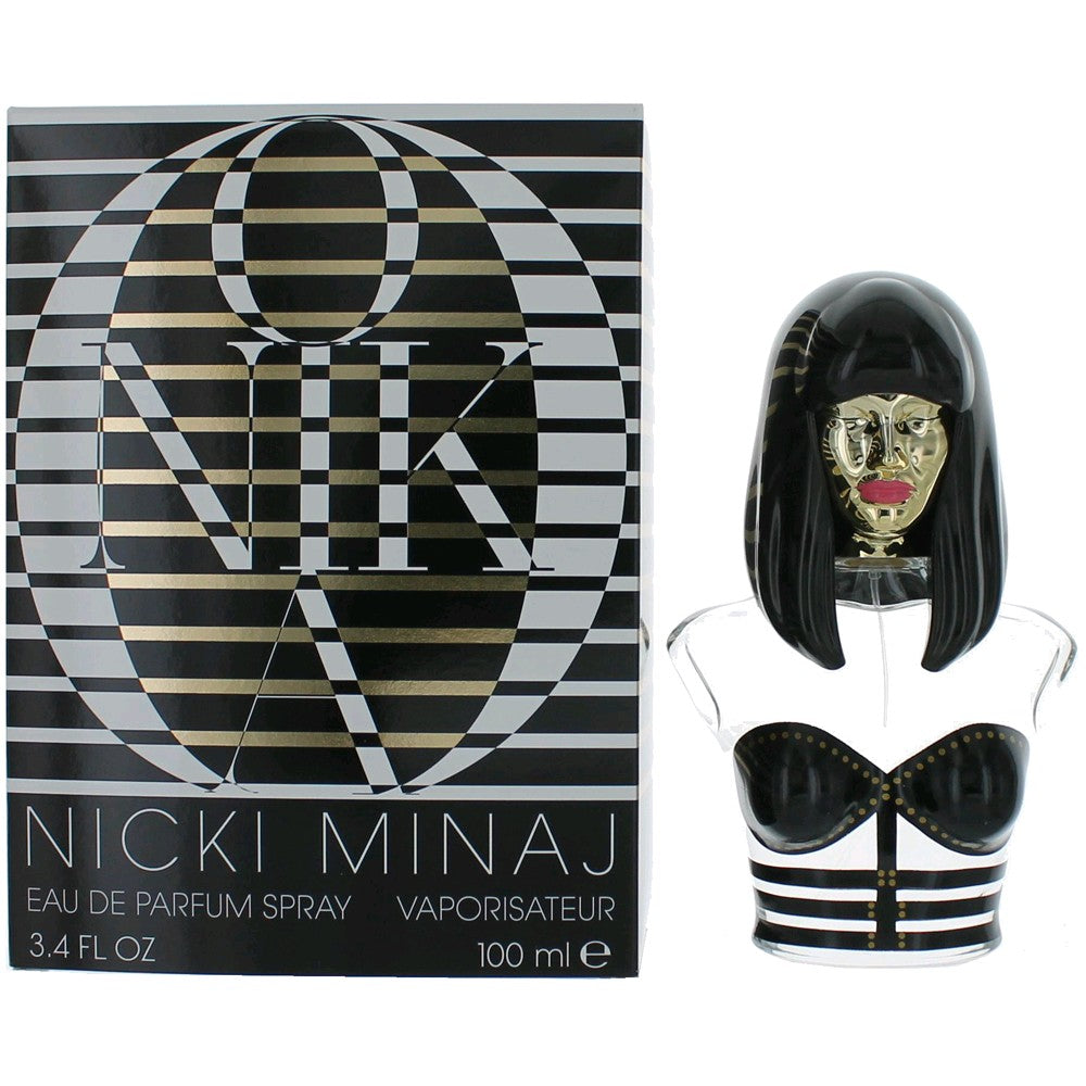 Onika EDP spray for women, black bottle with face design and striped bust