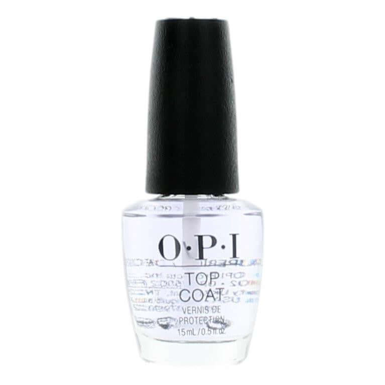 OPI top coat nail lacquer bottle, clear liquid, 0.5 fl oz
