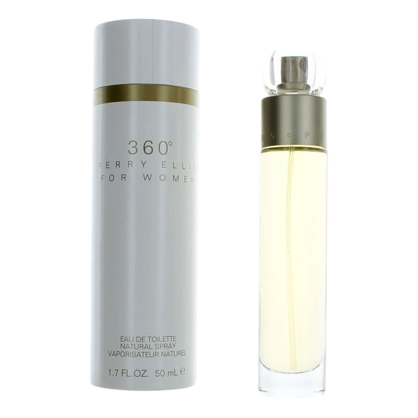 Perry Ellis 360° eau de toilette spray bottle, silver cap, clear glass, 1.7 fl oz