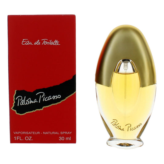 Women's eau de toilette spray, 1 oz: gold bottle with red Paloma Picasso box