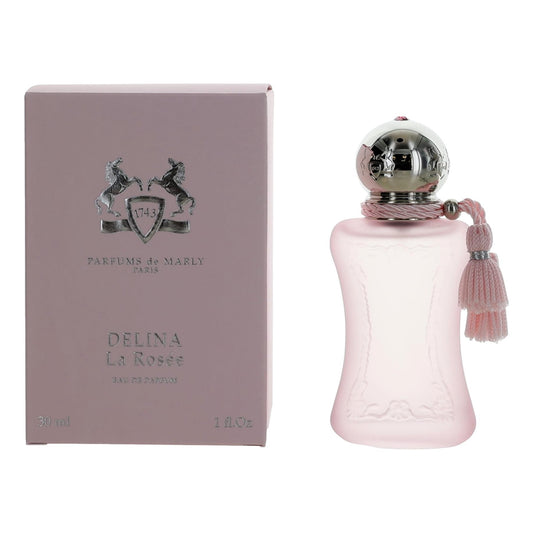 Women’s pink perfume EDP spray bottle with silver cap and tassel, 1 oz