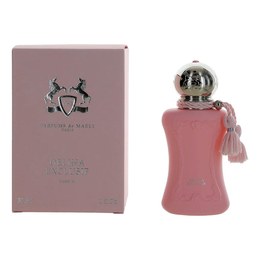 Delina Exclusif EDP spray bottle, pink glass with silver cap and tassel, with box