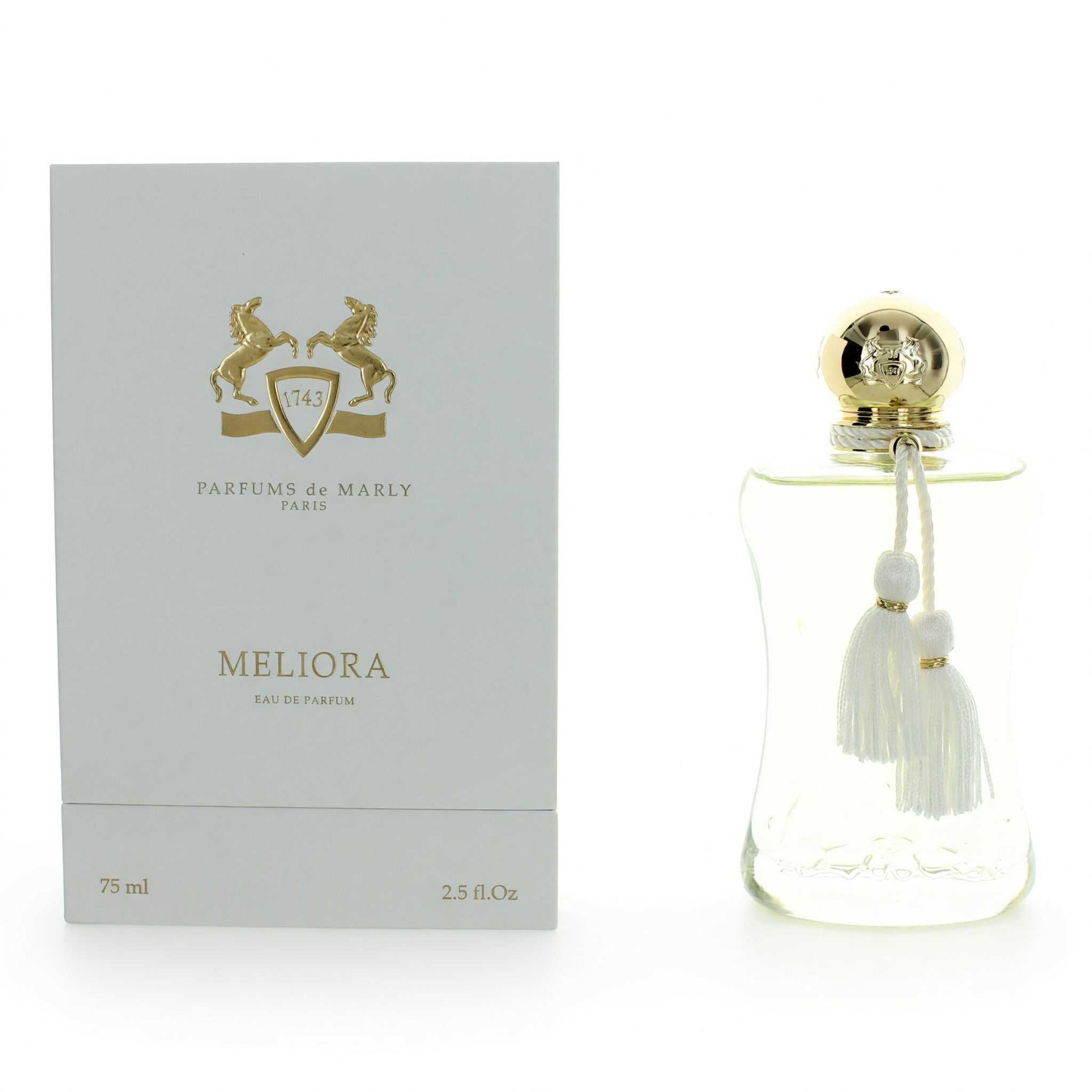 Meliora eau de parfum spray bottle and box, 2.5 fl oz, gold cap with tassel