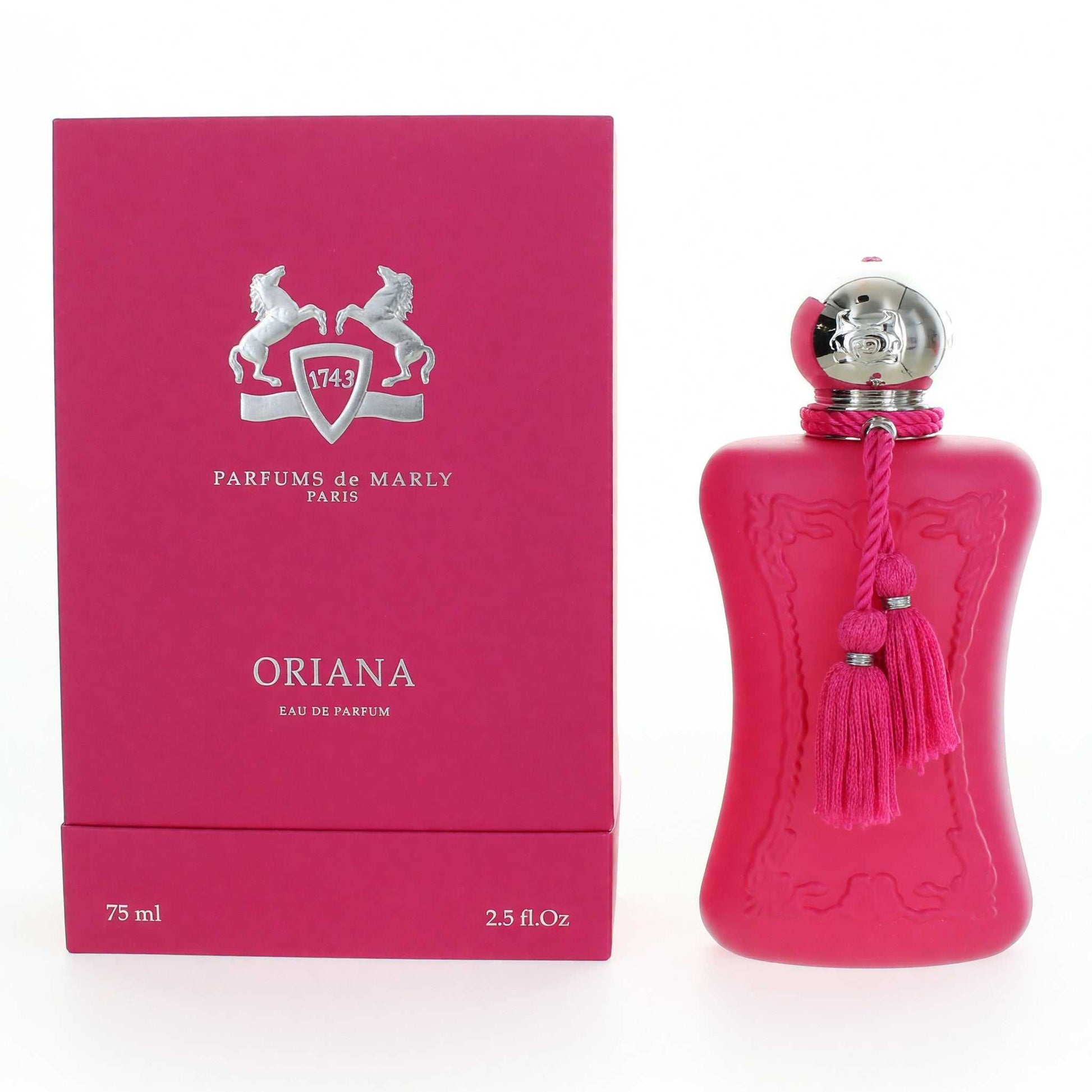 Oriana EDP spray perfume bottle and box, 2.5 fl oz, pink glass with tassel