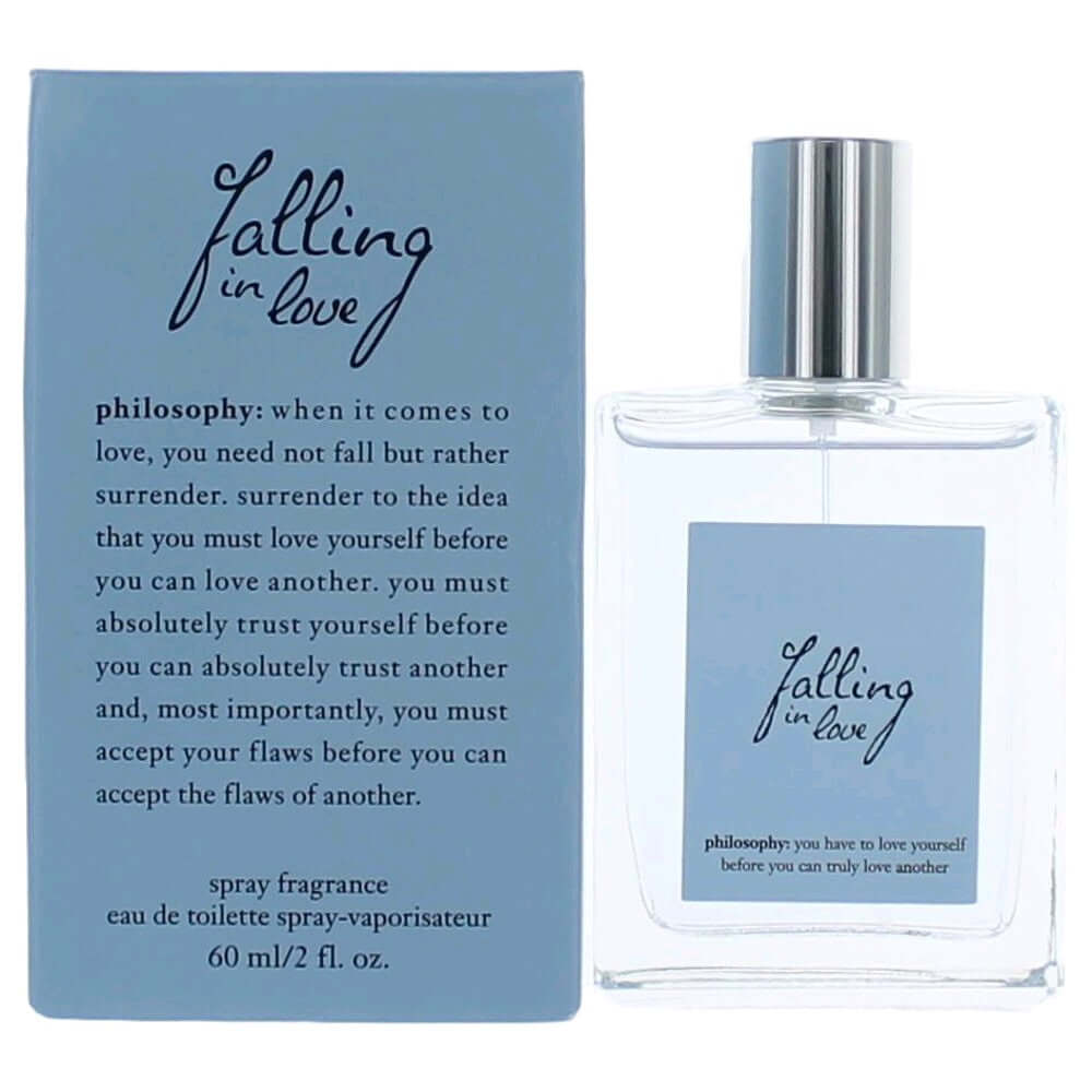 Falling in Love by Philosophy, 2 oz EDT Spray for Women in a clear bottle with a blue label and box.