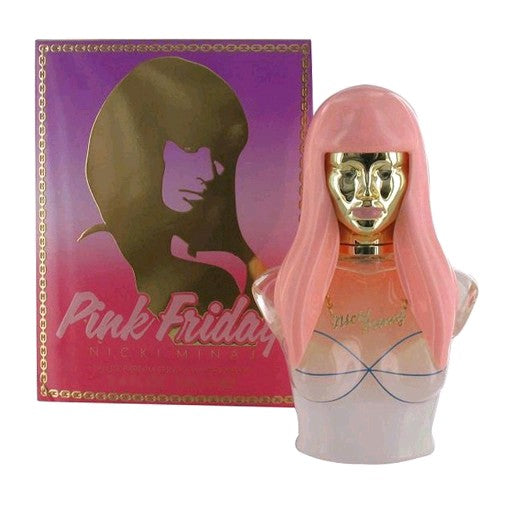 Pink Friday perfume bottle with pink frosted body and gold face-shaped cap