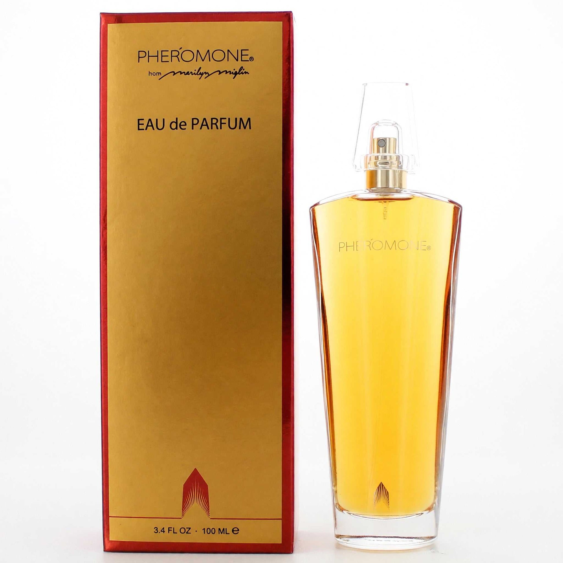 Marilyn Miglin Pheromone Eau de Parfum spray bottle, amber glass with clear sprayer and box