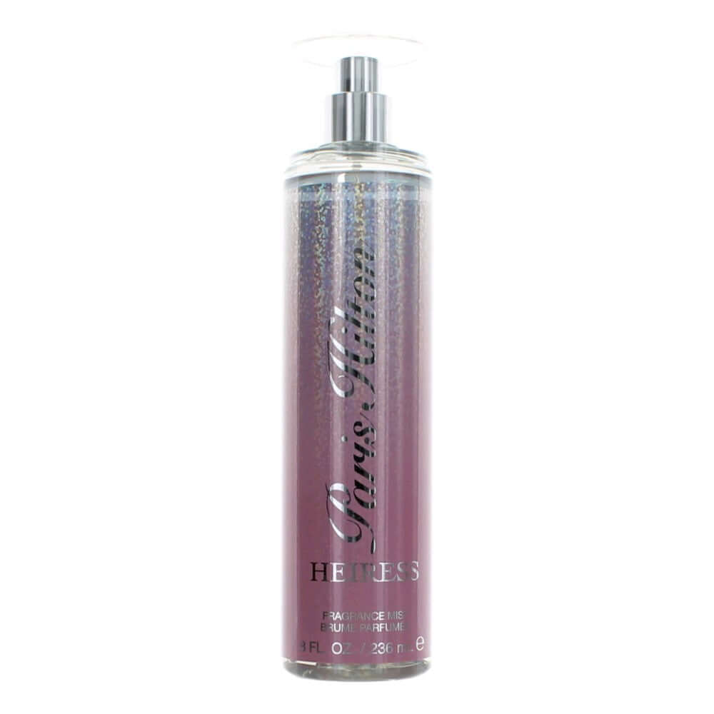 Heiress body mist bottle with silver spray cap, purple glittery finish, 8 oz