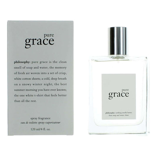 Pure Grace by Philosophy, 4 oz EDT Spray for Women packaging and bottle display.