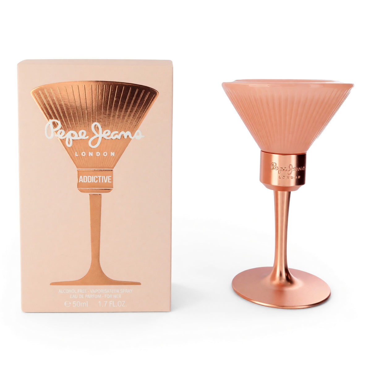 Women’s EDP spray perfume set: rose-gold funnel bottle with peach box