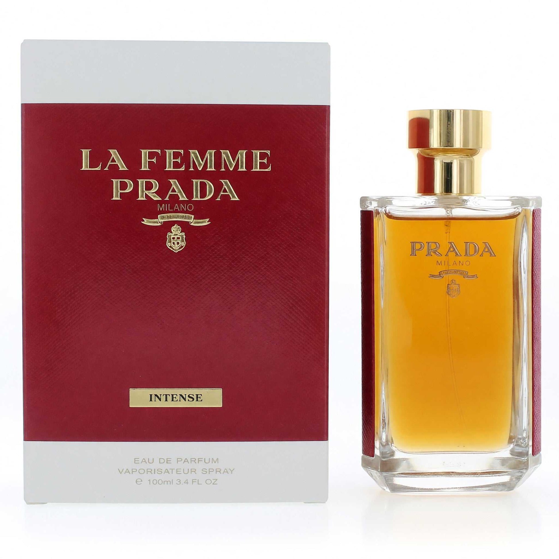 La Femme Prada Intense women's EDP spray with red box and gold-capped glass bottle