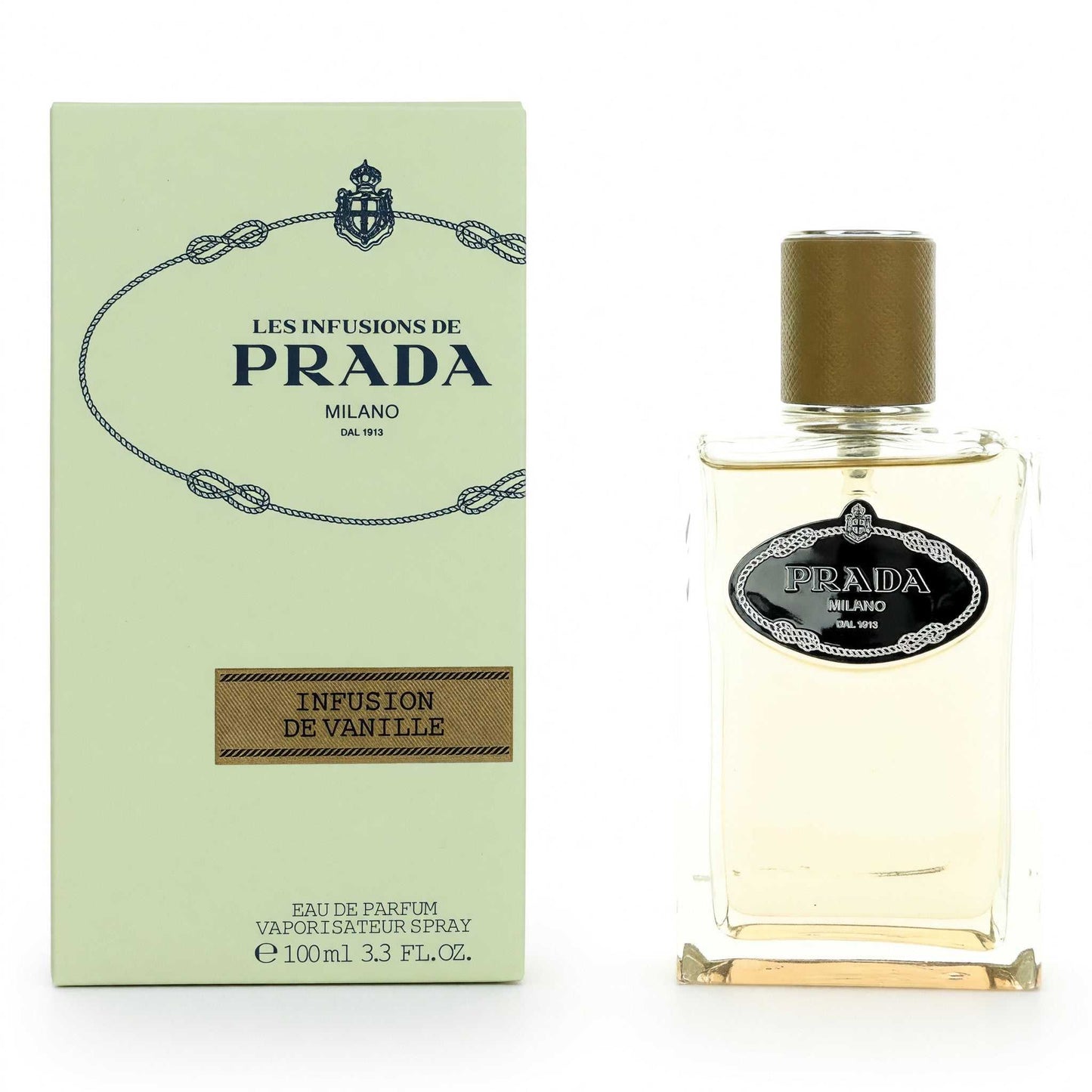 Vanilla perfume EDP spray bottle with gold cap and matching product box