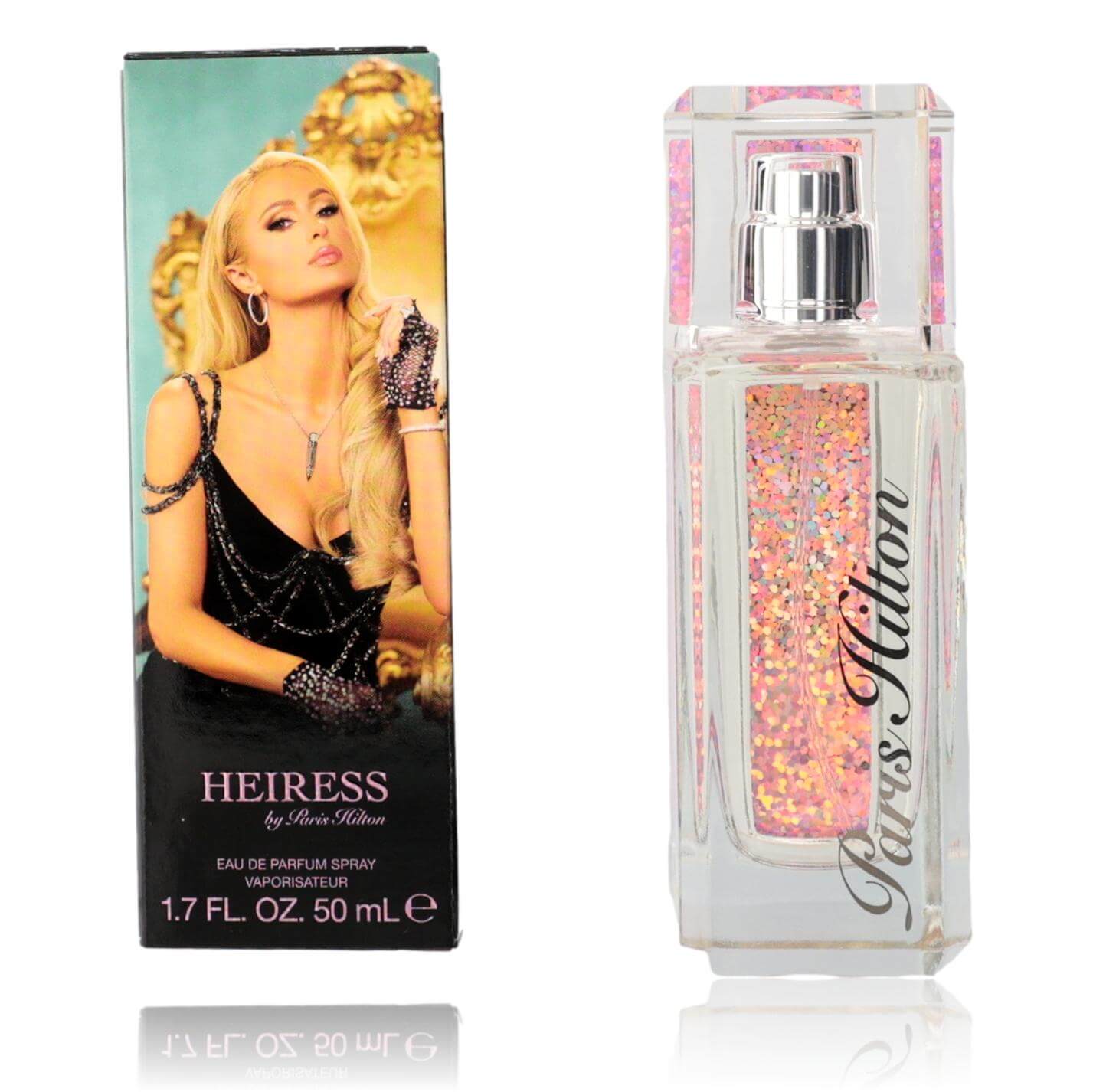 Heiress EDP spray: clear bottle with pink glitter, in teal box, 1.7 fl oz