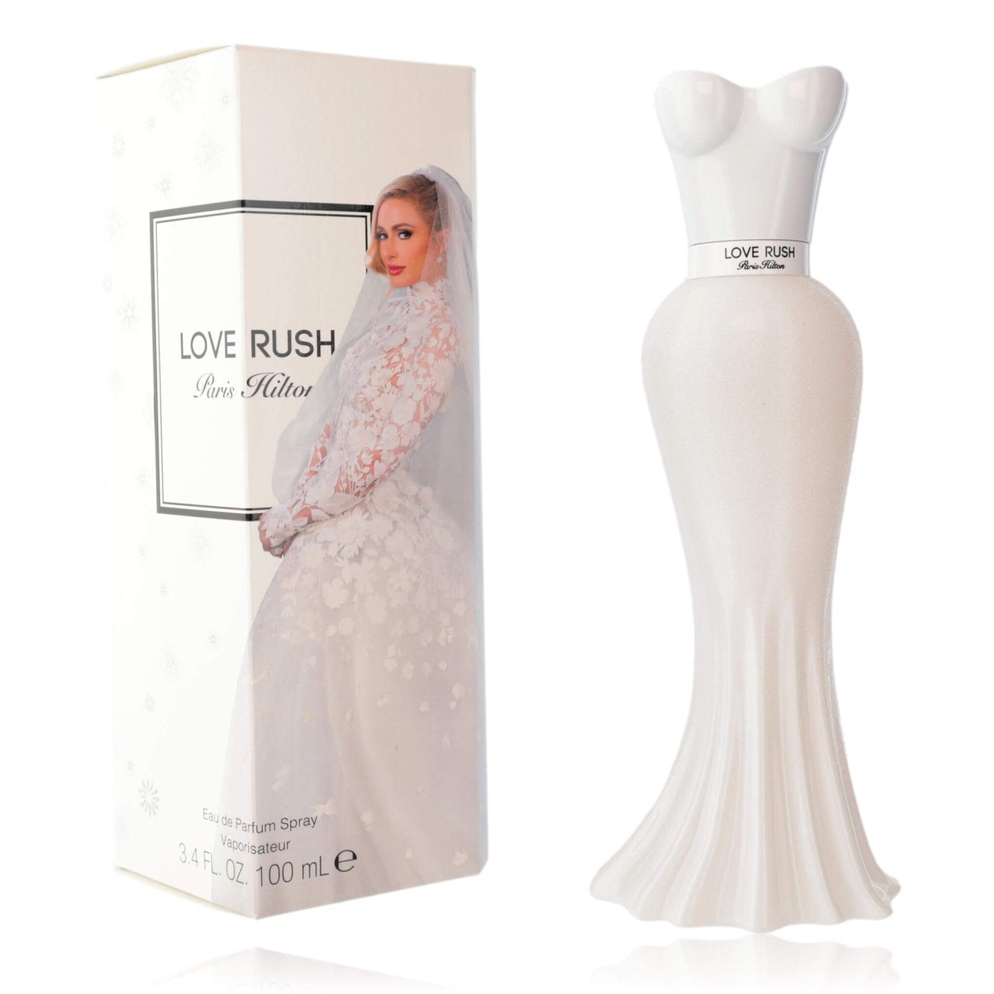 Love Rush women's EDP spray bottle and box, tall white dress-shaped label