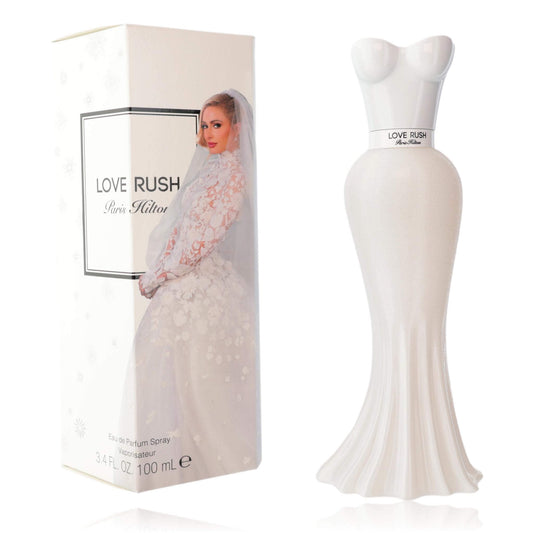 Love Rush by Paris Hilton, 3.4 oz EDP Spray for Women in elegant bottle with bridal design and packaging.