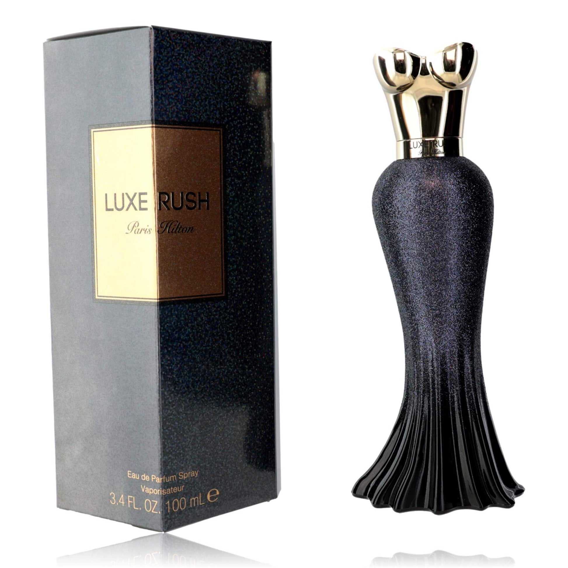 Luxe Rush by Paris Hilton EDP spray bottle with dark body and gold crown cap