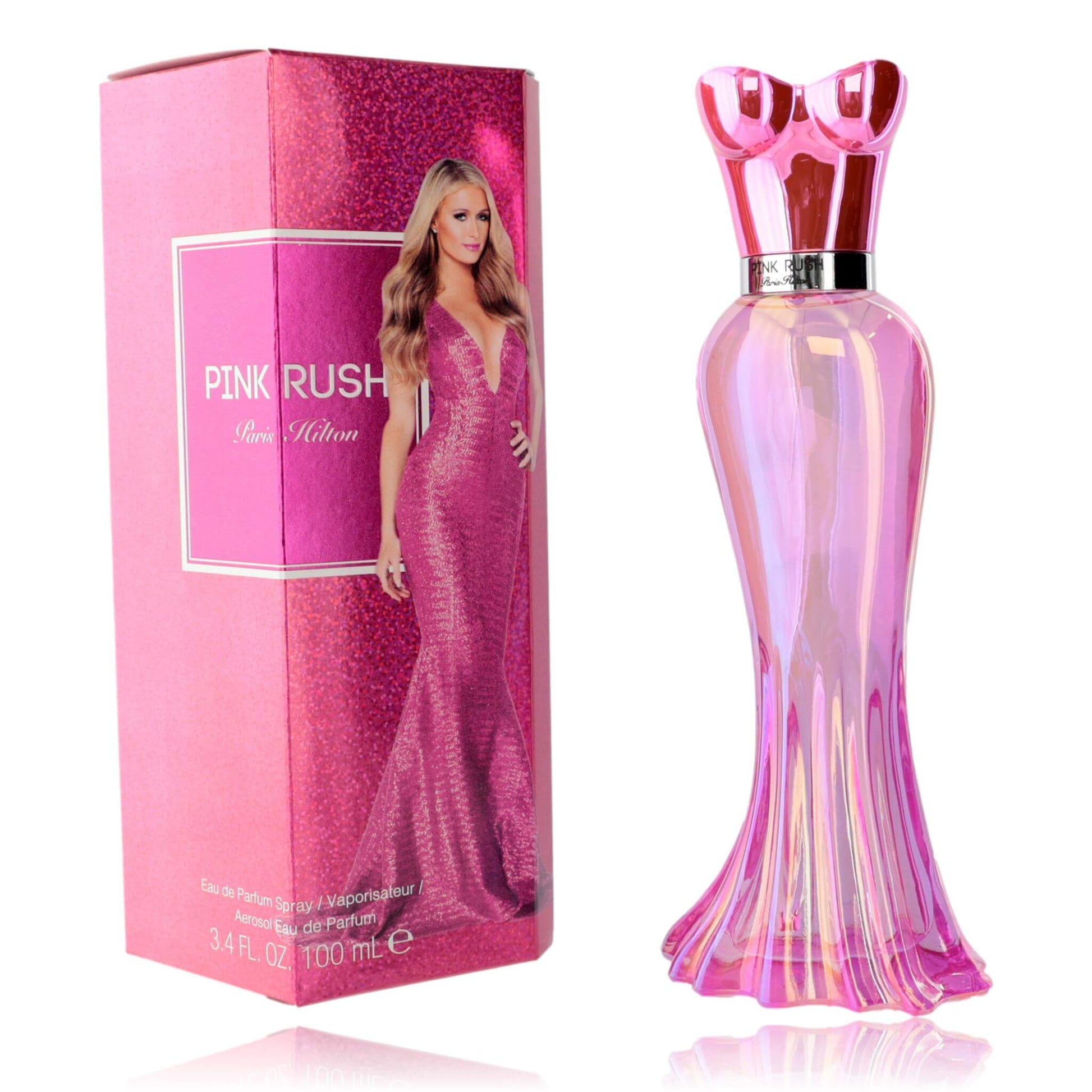 Pink Rush by Paris Hilton, 3.4 oz EDP Spray for Women in a stylish pink bottle and box packaging.