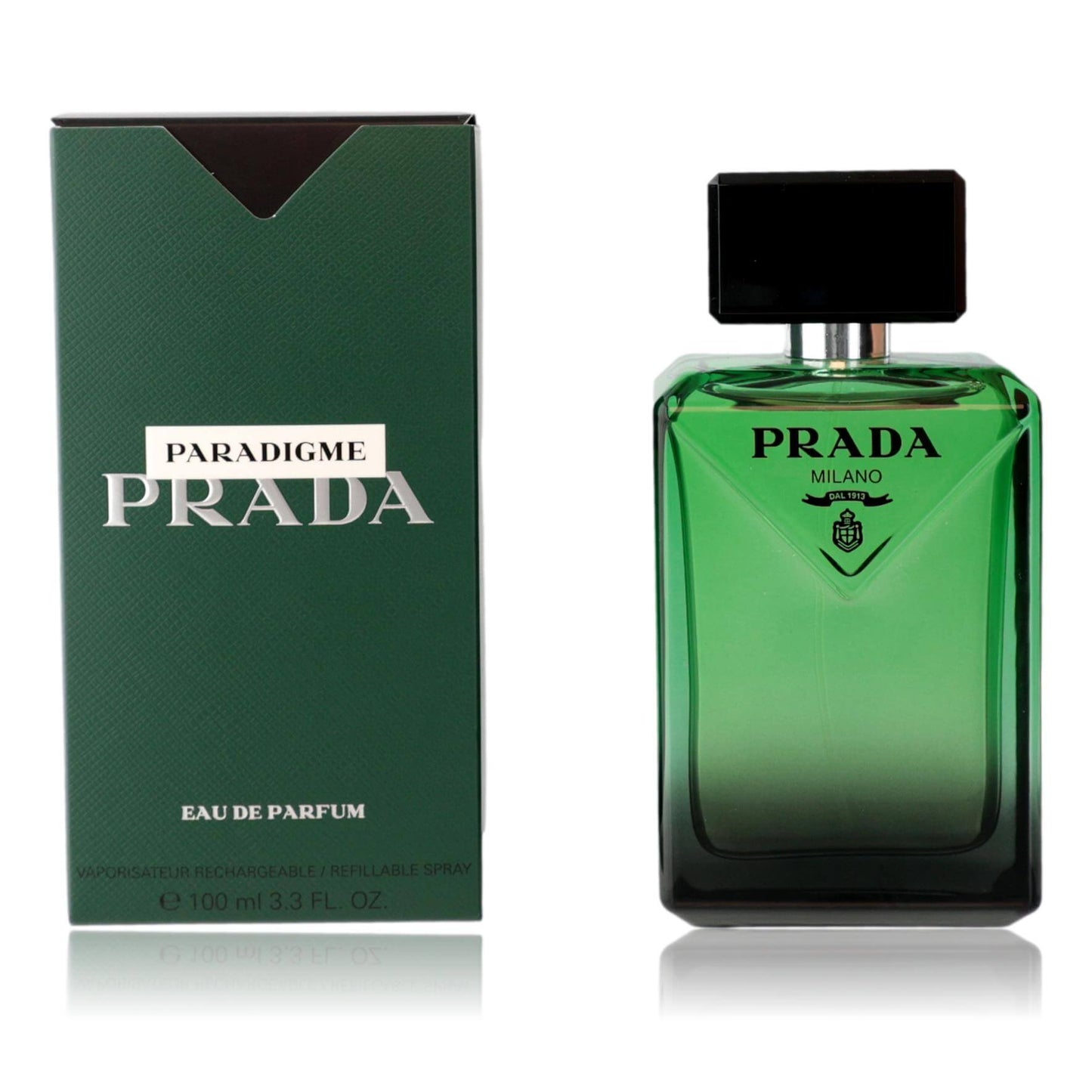 Prada Paradigme eau de parfum spray bottle with green glass and black cap