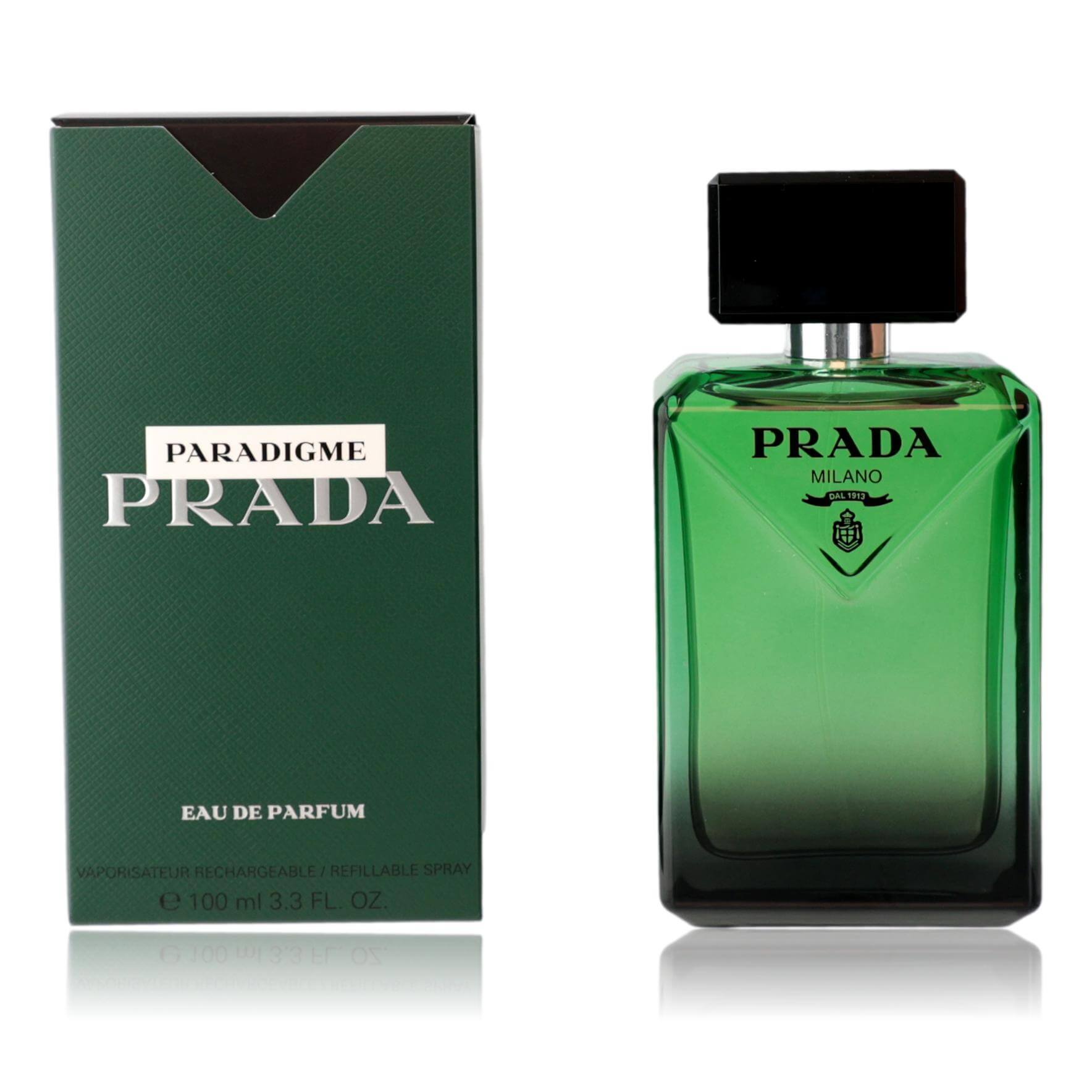 Prada Paradigme eau de parfum spray bottle with green glass and black cap