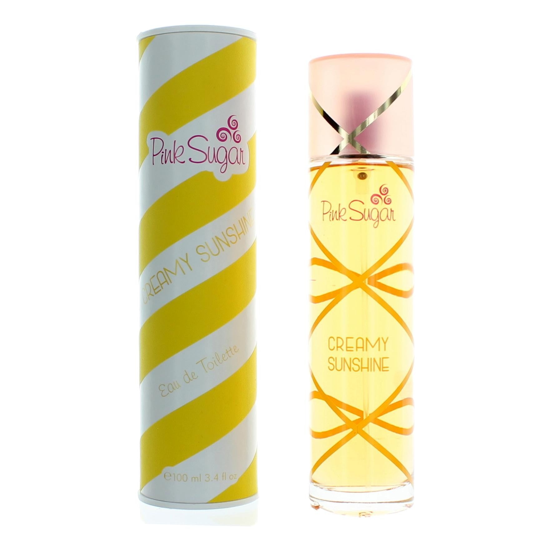 Pink Sugar Creamy Sunshine EDT spray bottle with striped canister, clear glass, pink label