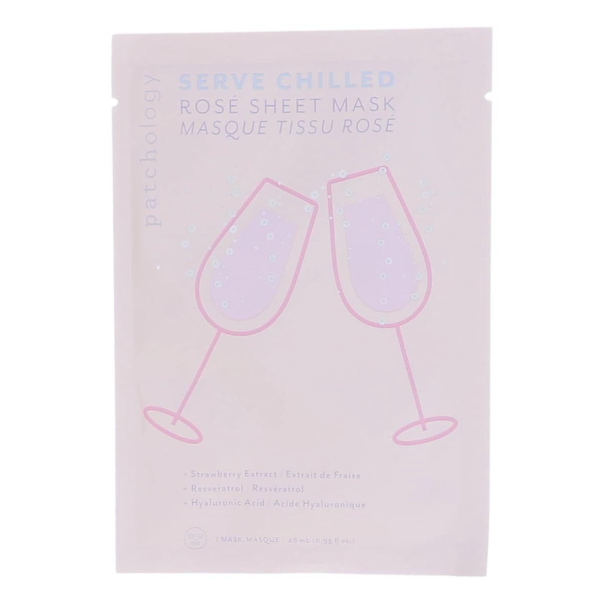 Rose sheet mask pouch with Serve Chilled branding, pink tear-drop design