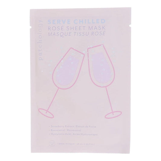 Rose sheet mask pouch with Serve Chilled branding, pink tear-drop design