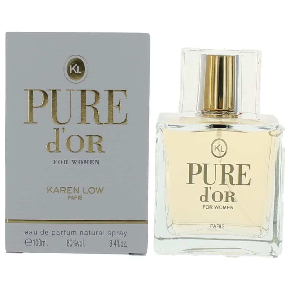 Women's eau de parfum spray bottle with gold cap and matching box