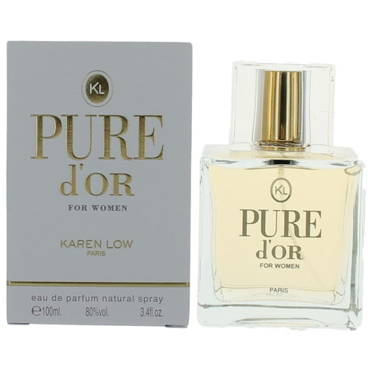 Women's eau de parfum spray bottle with gold cap and matching box