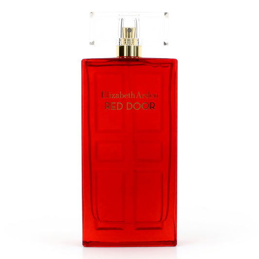 Red glass EDT spray bottle with gold cap, rectangular shape and front label
