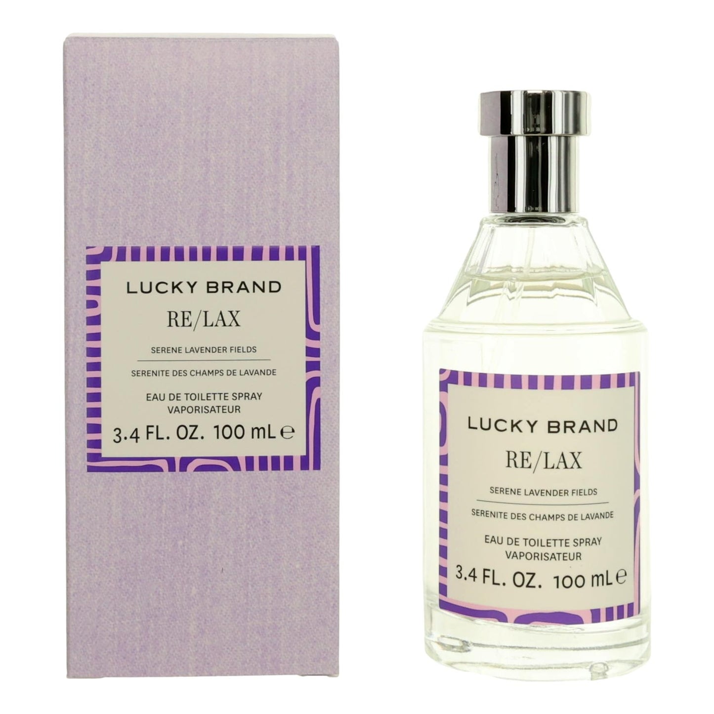 Lucky Brand Re/Lax EDT spray bottle with 3.4 fl oz box, lavender fields label