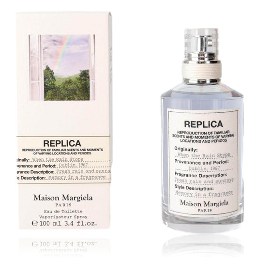 Replica When the Rain Stops by Maison Margiela, 3.4oz EDT Spray for Unisex with packaging and bottle.
