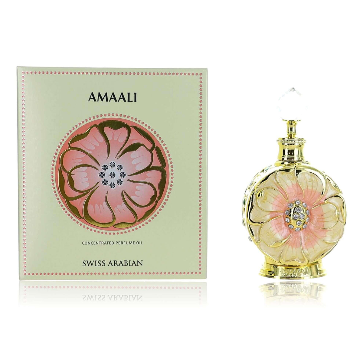 Concentrated perfume oil bottle and box with floral design, golden cap
